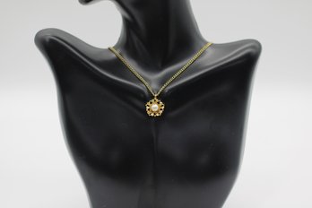 Vintage Gold-Tone Floral Pendant Necklace With Faux Pearl Accent