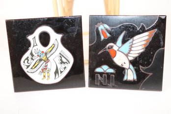 Vintage Cleo Teissedre Hand Painted Ceramic Tile Set Southwestern Hummingbird & Pottery Motifs Wall Decor