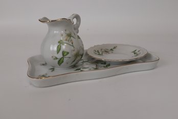Vintage LEFTON Hand Painted Pitcher And Bowl With Tray - Dogwood Pattern #02871