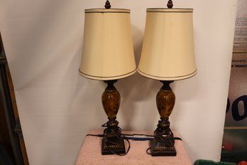 Set Of Kathy Ireland Mulholland Traditional Table Lamp Brown Gold Faux Marble Aged Bronze