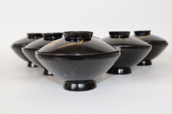 Set Of 6 Traditional Japanese Lacquerware Rice Bowls With Lids