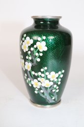 Exquisite Rare Green Japanese Mid-Century Silver Cloisonne Vase With Flowering Hawthorn Motif