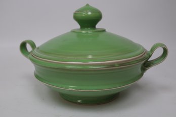 Elegant Vintage Art Deco Green Ceramic Covered Vegetable Dish