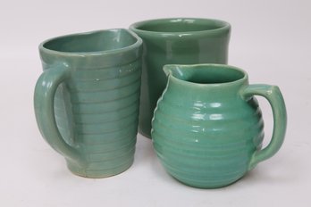 Vintage Aqua Bauer Pottery Ribbed Pitcher And Teal Blue USA Pottery Set