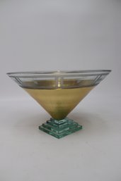 Art Deco Glass & Gold Leaf Centerpiece Bowl On Stacked Glass Base