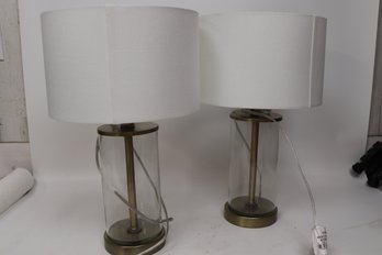 Elegant Pair Of Modern Glass Cylinder Table Lamps With Brass Accents
