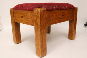 Vintage Artisan-Crafted Wooden Stool With Textured Red Upholstery, Circa 20th Century