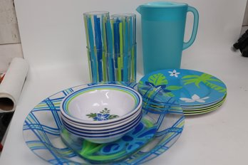 Vibrant Tropical Floral Melamine Dinnerware And Pitcher Set - Perfect For Summer Entertaining