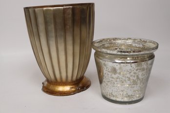 Chic 1980s Hollywood Regency Gold Ribbed & Etched Silver Mercury Glass Planters - Glamorous Duo