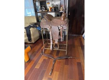 NW Genuine Leather Horse Saddle And Wrought Iron Stand