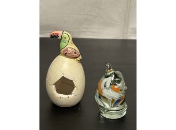Blown Glass And Parrot Figure