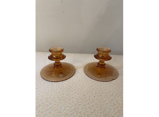 Amber Glass Candle Stick Holders