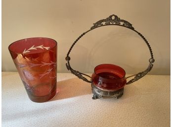 Antique Brides Basket With Ruby Bowl And Ruby Vase