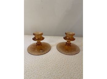 Amber Glass Candle Stick Holders