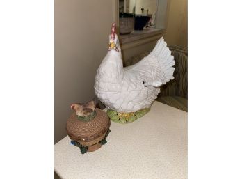 Rooster Soup Tureen With Ladle And Chicken Basket