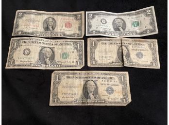 $2 Bills 1975, 1953, $1 Bills Circulation 1935 , 1963- Red Seal, Green Seal & Blue Seal