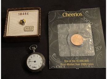 Antique 1905 Pocket Watch Locket, Swank Pin And 2000 Penny
