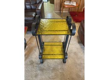 MCM Iron 2 Tiered Yellow Stained Glass Side Table