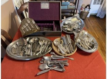 Mixed Vintage Flatware, Platters And Storage Box