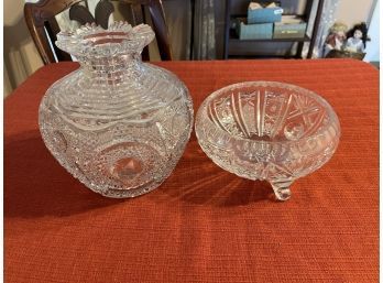 Heavy Crystal Vase And Footed Candy Bowl