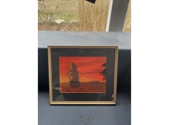 Signed Red Sunset Ship Artwork