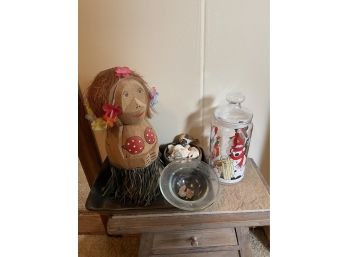 Coconut Doll, Glass Jar, Shells
