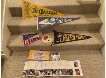 Team Pennant Flags, Buffalo Bills Felt Helmet, Mets Bag, Dodger Pin , Sports Cards