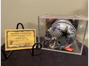 Signed Miniature Helmet With COA Troy Aikman , Irvin , Smith Dallas Cowboys