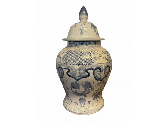 Antique Chinese Blue & White Temple Jar Motif