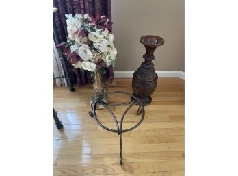 Antique Carved Wood Vase, Stand, Floral Arrangement