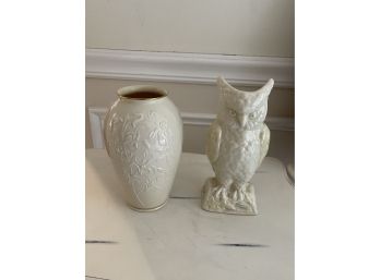 Belleek Owl Statue & Lenox Vase