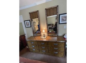 Vintage Modern Burl And Burlwood Triple Dresser With Dual Mirrors