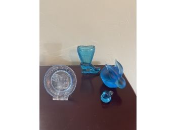 Blue Satin Glass Rabbit, Blue Glass Toothpick Boot Holder , Blue Glass Bird, Cape May