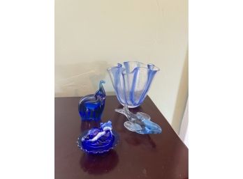 Pilgrim Glass Elephant, Miniature Blue Glass Covered Dish, Blue Glass Whale, Wavy Glass Bowl