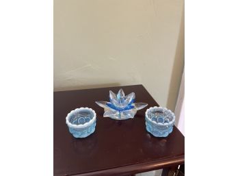 Blue Opalescent Eyewinker Pattern Open Salt Dips, Crystal Lotus Flower