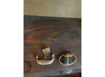 Gold Plated Solid Brass Sweden Medallion, Vintage Damascene Viking Ship Pin, 1960's