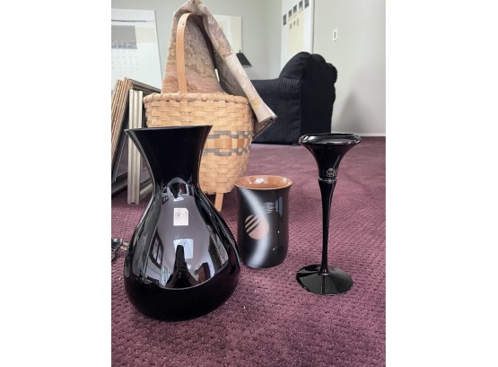 Black Oneida Art Deco Candle Holder, Art Deco Black Vase, Terra Cotta Aztec Pottery
