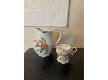 Royal Worcester Evesham Gold 56oz Pitcher, Hand Painted Mustache Cup