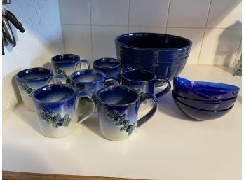 Roseville Pottery Bowl, Richard Johnson Camden Stoneware Mugs, Cobalt Blue Bowls
