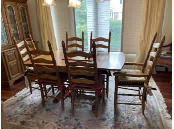 Antique Oak Wood Trestle Expansion Table , 6 Vintage Rattan Chairs From MLU Furniture