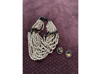 Art Deco Multi Strand Necklace & Clip On Earring Set - Gallery Pieces