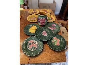 French Majolica Plate & Pitcher Set By Salins Les Baines