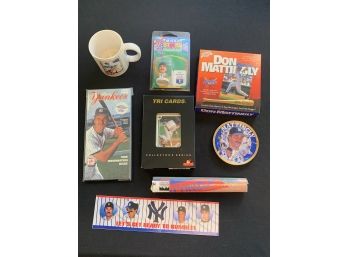 Don Mattingly Mug #3/223, Collector Plate, 1985 Informational Guide, Tri Cards, Bumper Sticker, Mini Poster