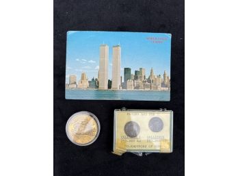 World Trade Center Post Card, Liberty Twenty Dollars Coin Copy , Father & Son Rome Coins