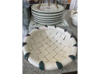 Vintage Ceramic Woven Bowl, Portuguese Plates , Cookbook Stand , Knives
