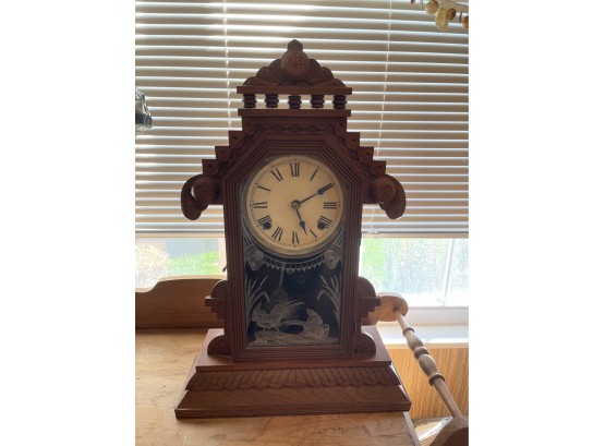 Antique Carved Wood Gingerbread Clock With Stenciled Bird Glass