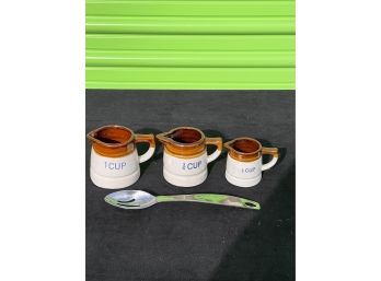 Vintage Stoneware Crock Measuring Cups, Spoon