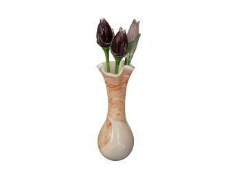 Blown Glass Vase With 3 Blown Glass Tulips
