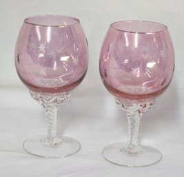 Pair Of Etched Glass Wine Glasses