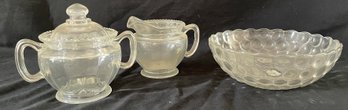 Vintage Bubble Glass Bowl, Cream And Sugar Dishes